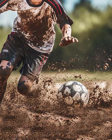 A boy playing mud football,in Kabini Msterymaze Resort, covered in mud, wearing a jersey and shorts